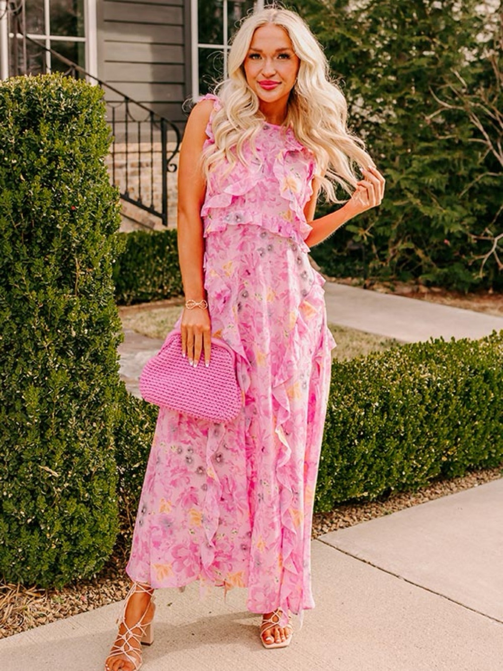 Pink Floral Ruffle Maxi Dress - Elegant Summer or Spring Style